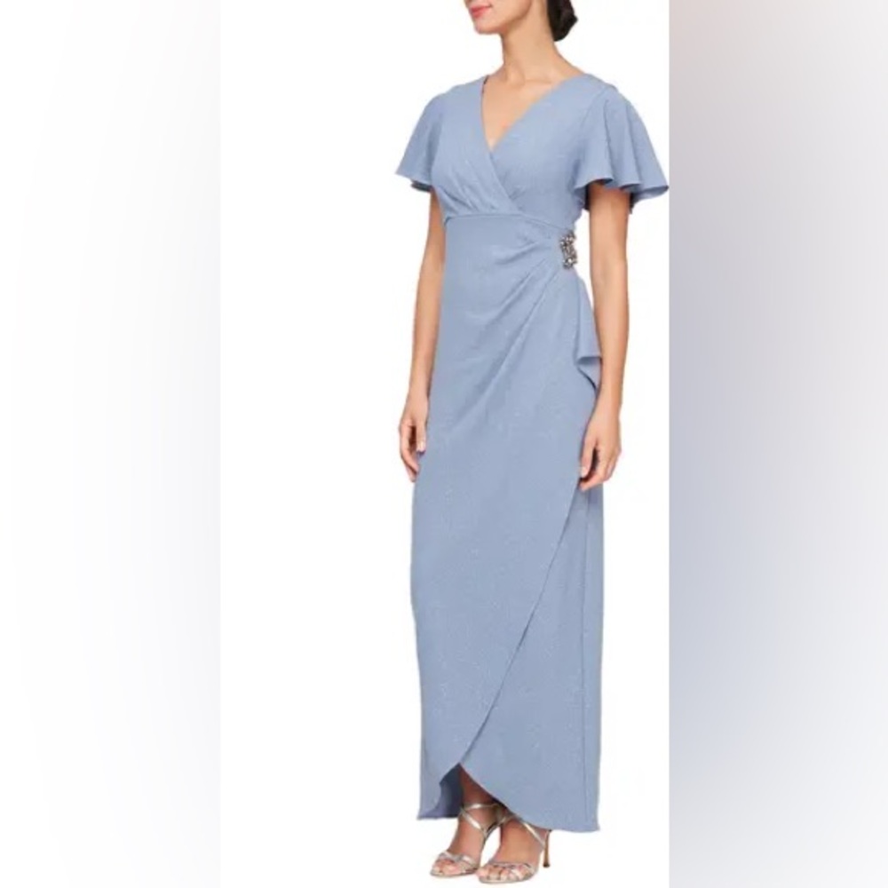 SLNY Dusty Blue Flutter Sleeve Maxi Dress with Side Embellishment